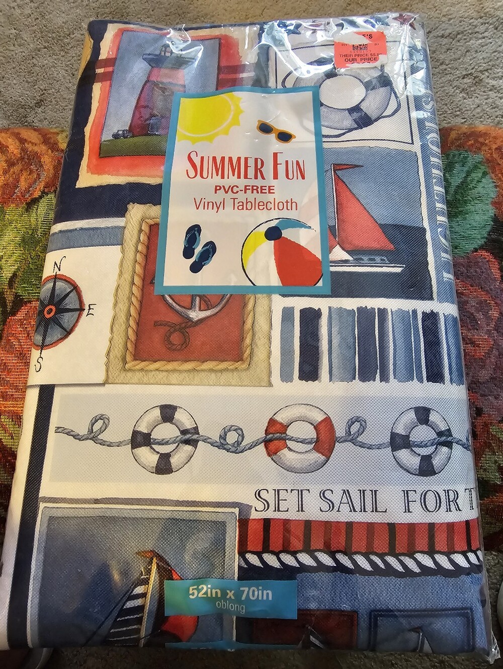 NAUTICAL Vinyl Tablecloth, NIP, 52" X 72" Oblong - Lighthouses, Sailboats